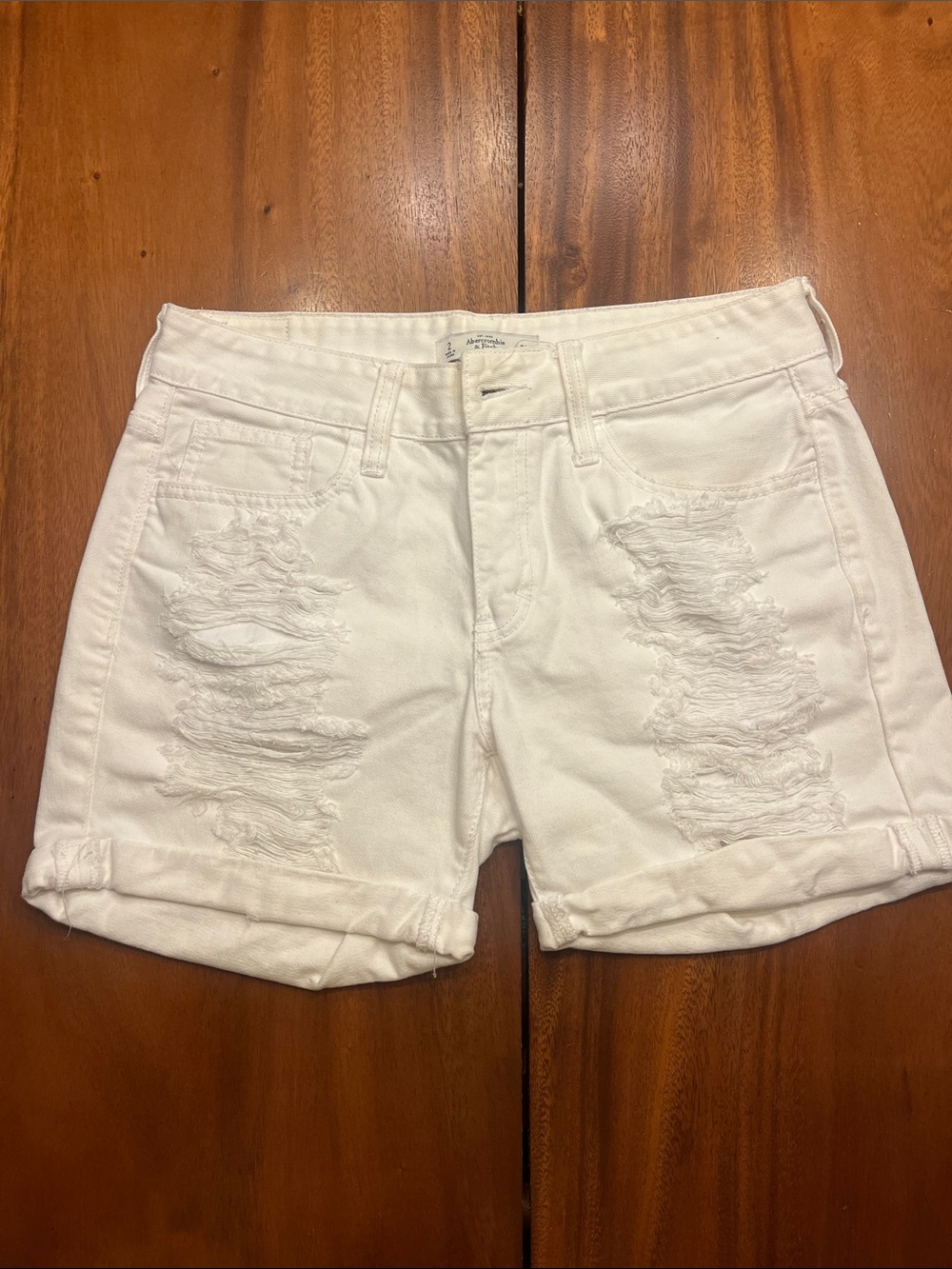 Abercrombie & Fitch White Distressed Rolled-Hem Denim Shorts